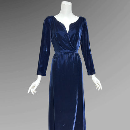 MOLLIE PARNIS vintage 1960s blue velvet wrap evening dress, Morty Sussman
