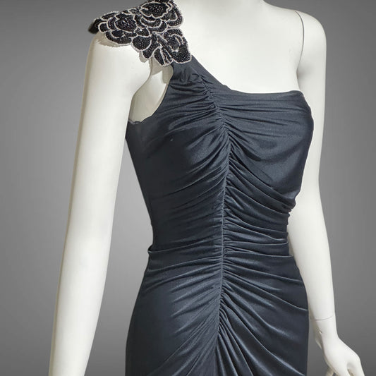 EUGENE ALEXANDER, vintage 1980s evening dress, Slinky Black sheath One Shoulder Grecian Goddess gown