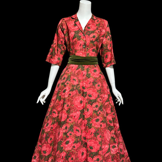 EVELYN PEARSON Lounging Apparel, vintage 1950s house dress, red and green floral cotton day dress