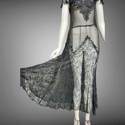 1930s vintage sheer black lace dress, wickedly sheer French lace sheath evening dress