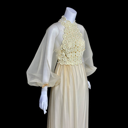 CYRELD PARIS, vintage 1970s yellow chiffon evening dress, WERLE Beverly Hills sheer bishop sleeves