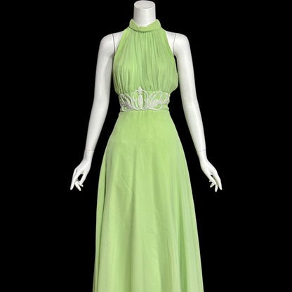 LILLIE RUBIN vintage 1970s green chiffon evening dress gown, Collection 700, matching scarf cape