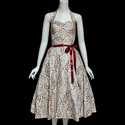ALIX OF MIAMI, vintage 1950s Halter Sundress, cotton pinup dress with embroidery