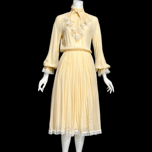 BILL BLASS, vintage 1970s silk secretary day dress, yellow buttercream ascot Blouson dinner dress