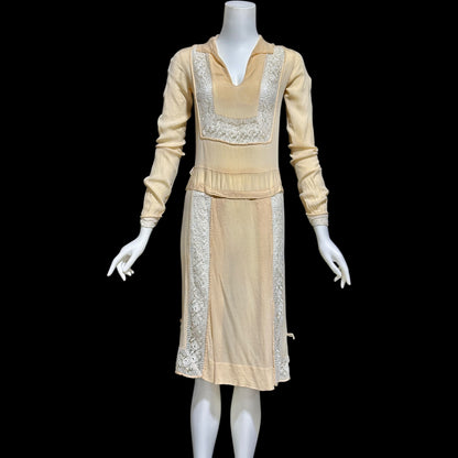 1920s vintage creamy yellow Hungarian style day dress with white lace antique flapper dress
