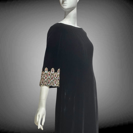 CAMEO vintage evening dress, for Bonwit Teller, 1960s black velvet beaded gown