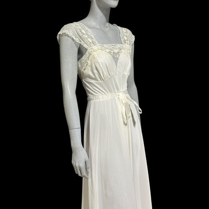 KAYSER LUXITE, vintage 1940s nightgown slip dress, white nylon full sweep bridal night dress