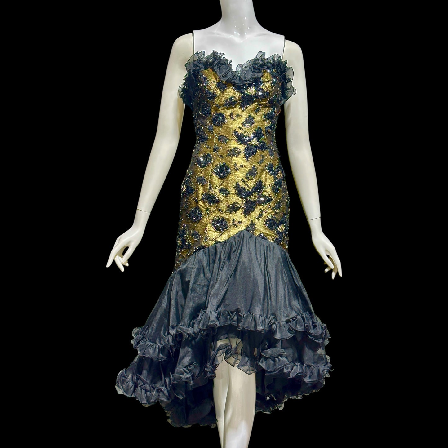 DAVID FIELDEN vintage 1980s evening dress, Party Dress, Black and Bronze All Silk Hi Low Ruffle dress