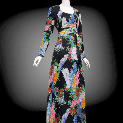 RAZOOK'S vintage 1970s evening dress, poly chiffon floral maxi dress