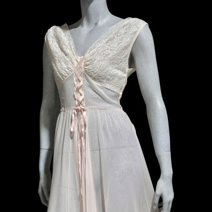 ODETTE BARSA vintage 1940s nightgown slip dress, Sheer pale pink with white lace full sweep Old Hollywood gown