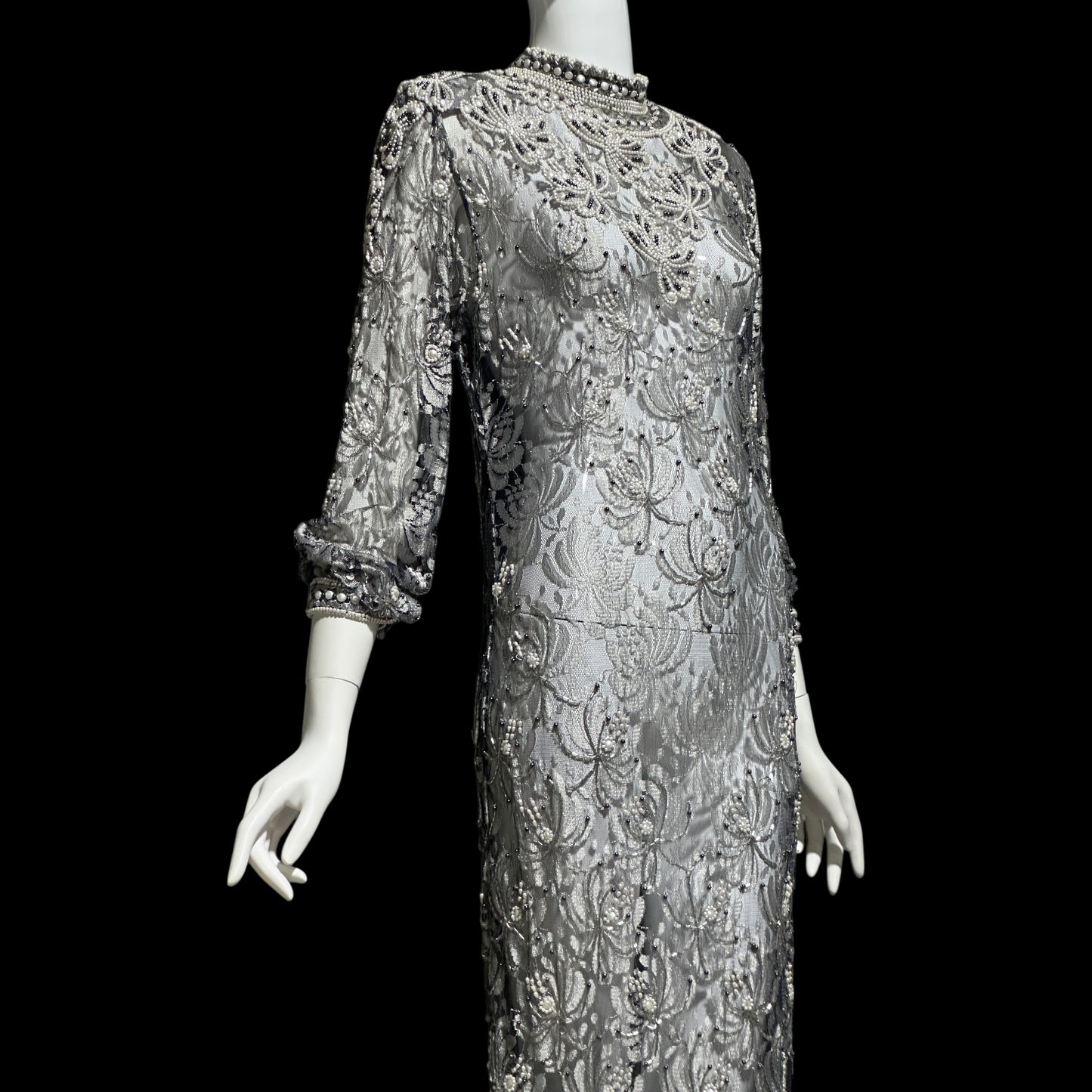 JUDITH ANN, Vintage 1980s sheer beaded dress, Black sheer mesh with beads, Hight neck with ruffle sheath cocktail party dress