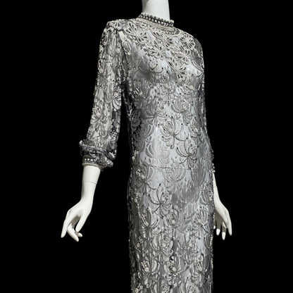 JUDITH ANN, Vintage 1980s sheer beaded dress, Black sheer mesh with beads, Hight neck with ruffle sheath cocktail party dress