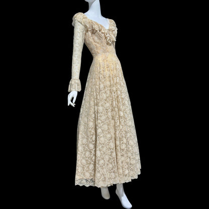 LES WILK 1970s vintage evening dress, lace beige ruffle deep V neckline full sweep wedding dress