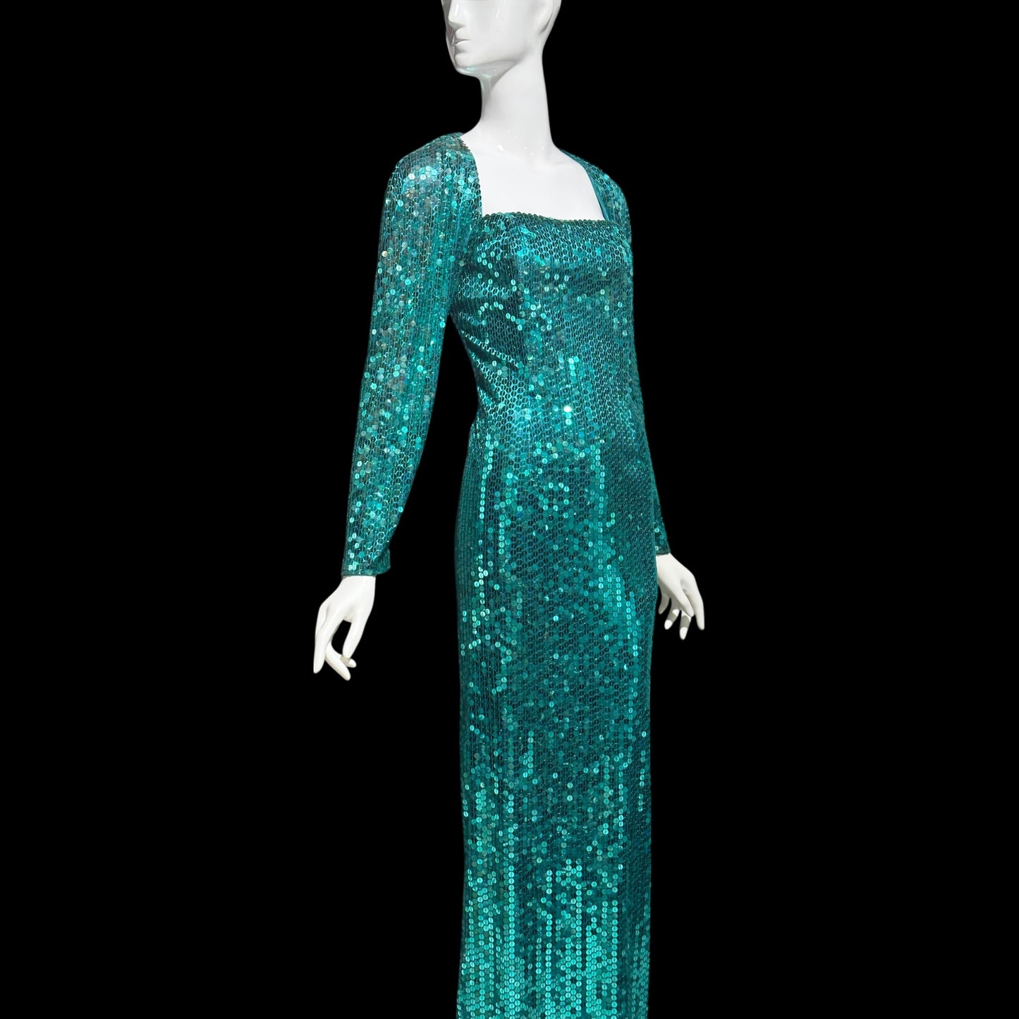OLEG CASSINI vintage 1980s bodycon sequin evening gown, Mermaid teal green sheath gown with open back