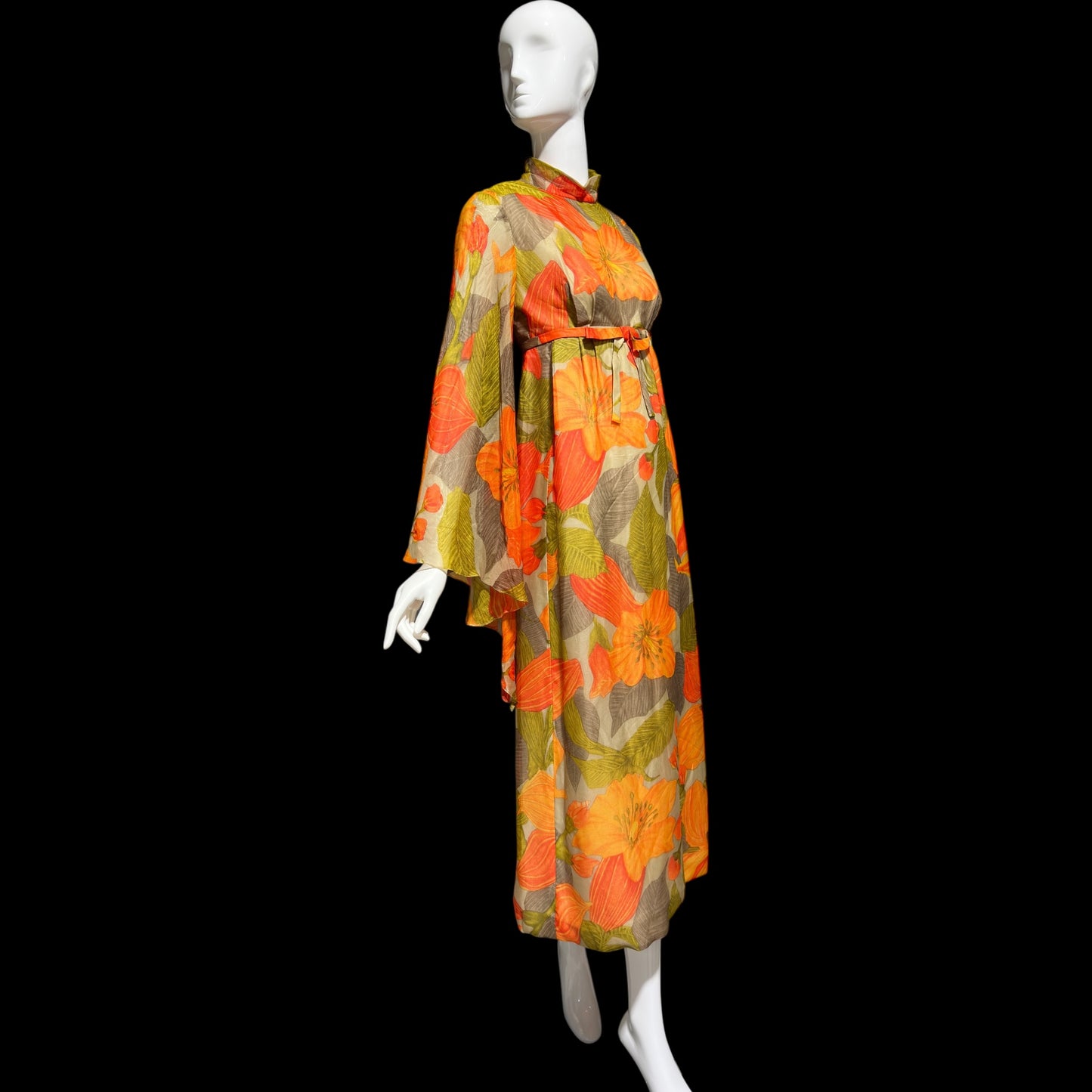 BOB BUGNAND Sam Friedlander,  Martha Weathered, vintage 1970s evening dress, Orange floral angel sleeves