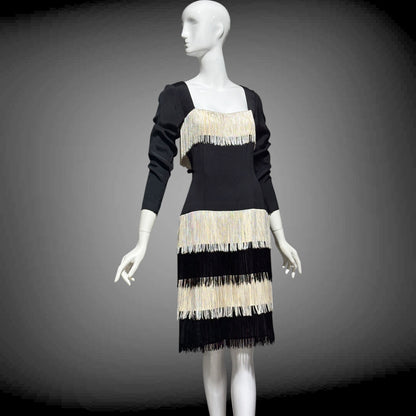 TRAVILLA vintage evening cocktail dress, 1960s black white fringed mod party dress