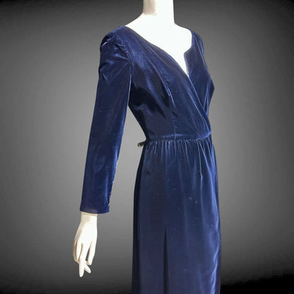 MOLLIE PARNIS vintage 1960s blue velvet wrap evening dress, Morty Sussman
