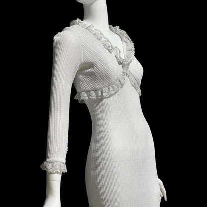 1970s vintage bodycon knit evening dress, Silver Metallic Lurex Sheath Maxi Dress