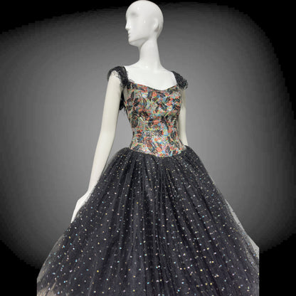 DAVID FIELDEN London, SAKS 1980s Party Dress, Silk Insane Tutu tulle lame party dress