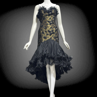 DAVID FIELDEN vintage 1980s evening dress, Party Dress, Black and Bronze All Silk Hi Low Ruffle dress