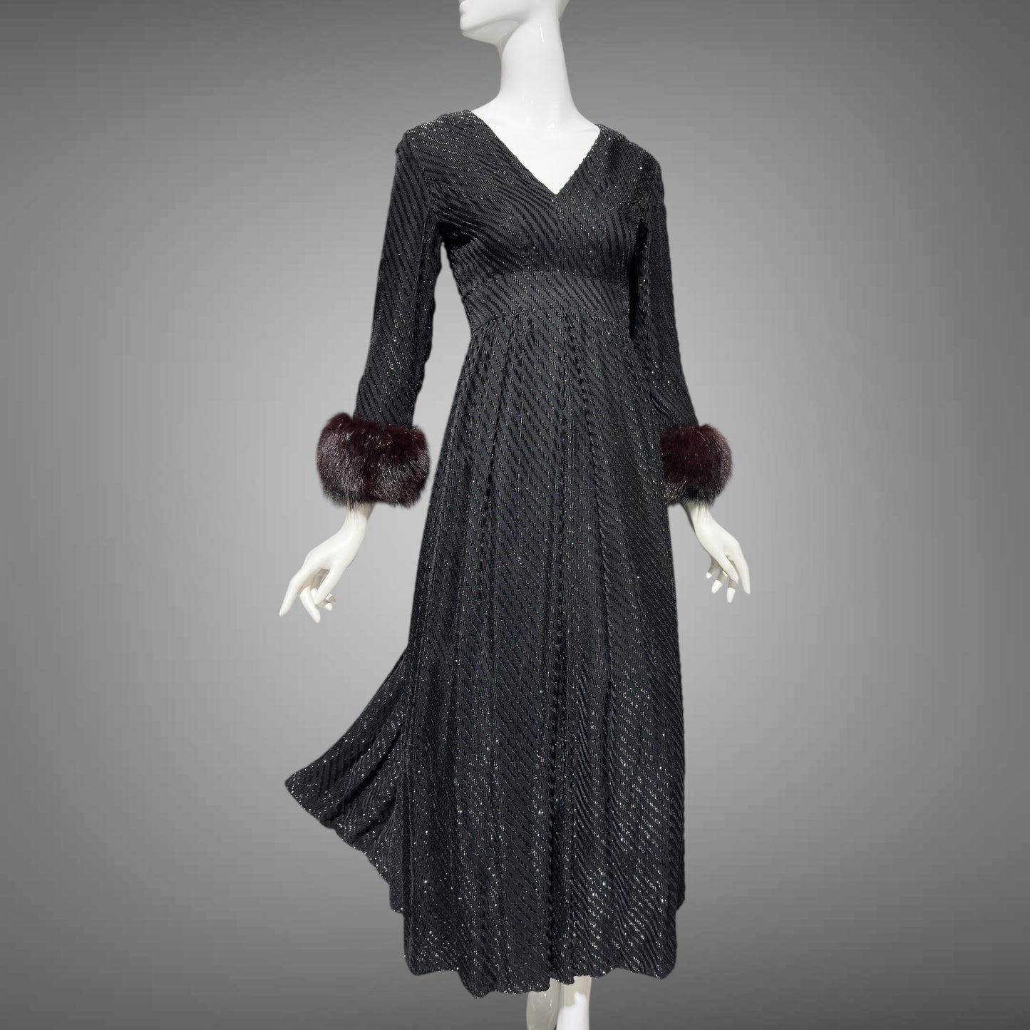 LILLIE RUBIN Vintage 1970s evening gown, Black eye lash Sparkly Gown with Fur Cuffs