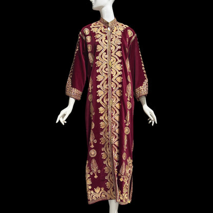PROFILS du MONDE vintage Embroidered Moroccan kaftan,  1960s evening maxi coat dress, Beverly Hills Ruby Red velvet gold metallic
