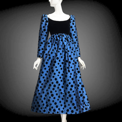 ADELE SIMPSON vintage 1960s evening dress, steel blue taffeta with black velvet flocked polka dots
