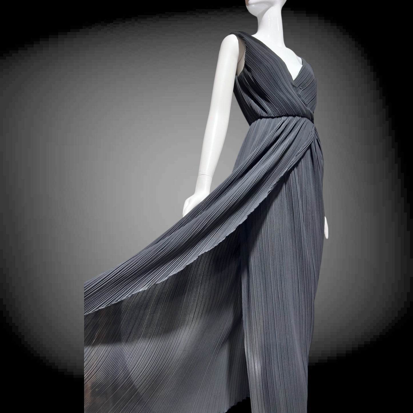 MARSHALL ROUSSO Las Vegas, vintage 1970s evening dress, black pleated plisse wrap front grecian goddess gown