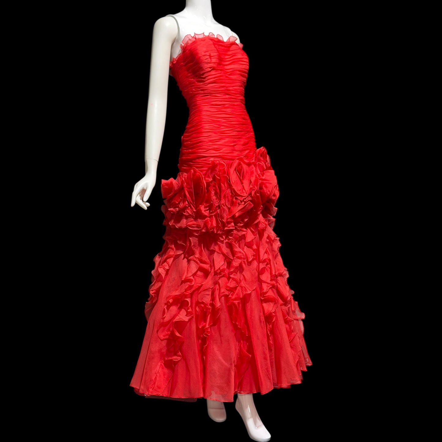 BELLVILLE SASSOON Lorcan Mullany, vintage 1980s evening dress, Red mermaid sheath gown, strapless tiered ruffles with matching bolero