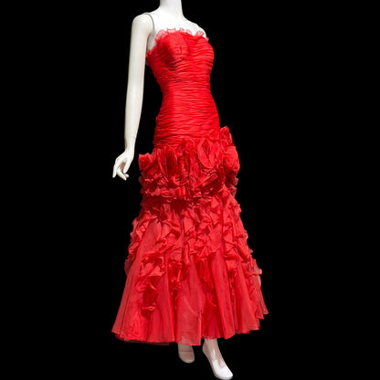 BELLVILLE SASSOON Lorcan Mullany, vintage 1980s evening dress, Red mermaid sheath gown, strapless tiered ruffles with matching bolero