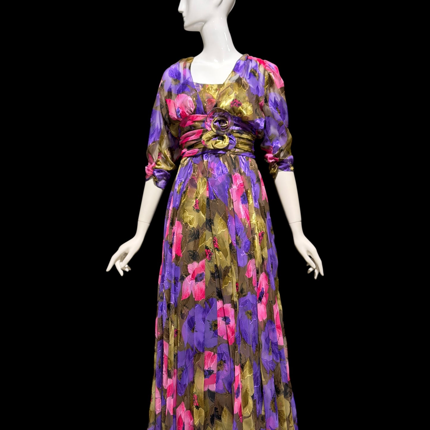 FRANK USHER LONDON, vintage 1970s evening dress, jewel tone floral chiffon with gold metallic