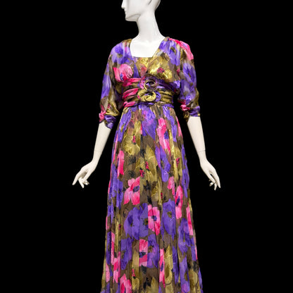 FRANK USHER LONDON, vintage 1970s evening dress, jewel tone floral chiffon with gold metallic