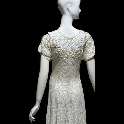 1970s vintage white crochet dress, all cotton blouson shirtdress, midi length