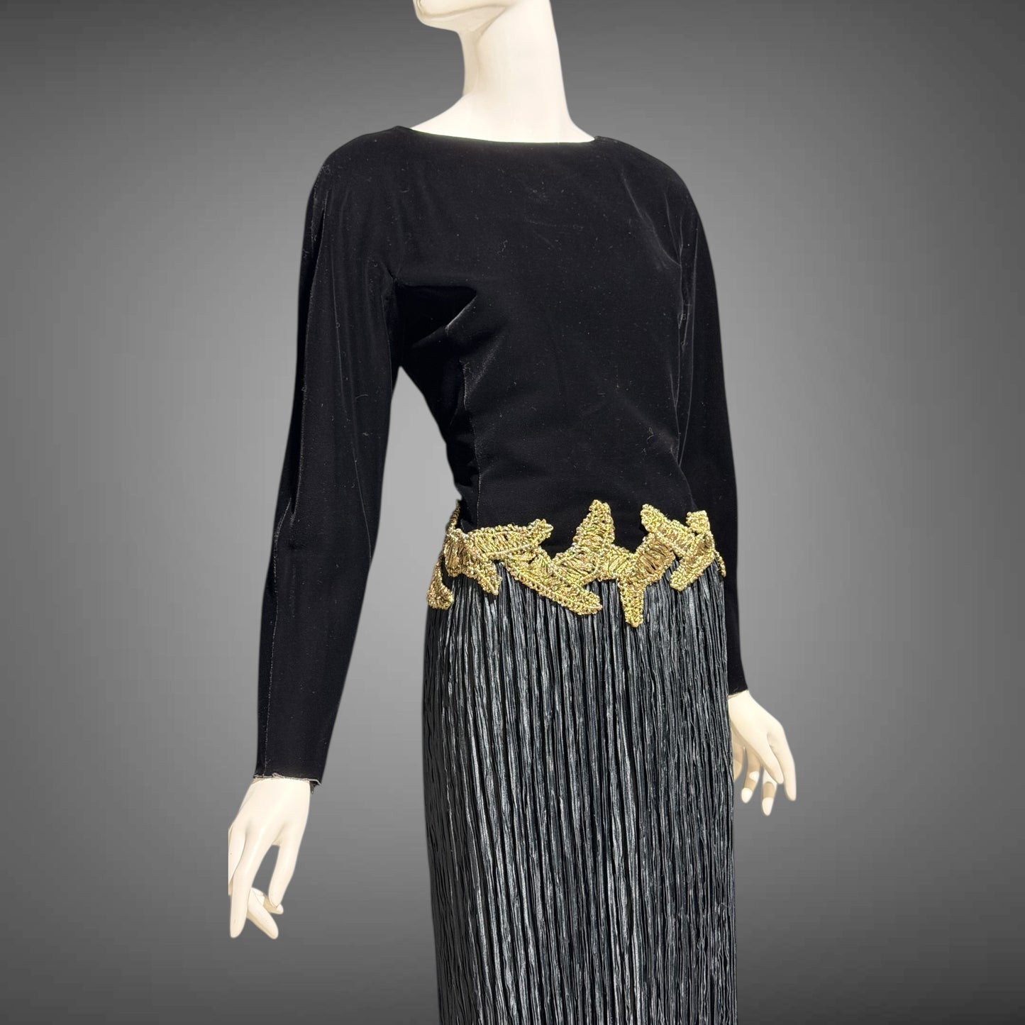 MARY MCFADDEN vintage evening dress, 1980s Designer Glam Black velvet plisse cocktail party dress