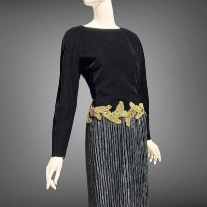 MARY MCFADDEN vintage evening dress, 1980s Designer Glam Black velvet plisse cocktail party dress