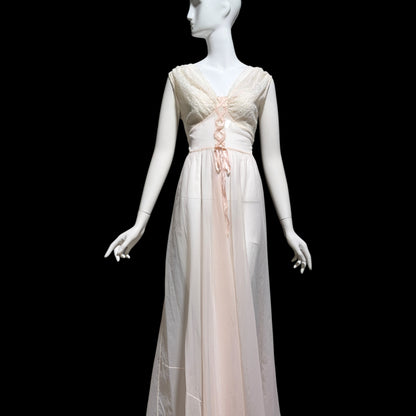 ODETTE BARSA vintage 1940s nightgown slip dress, Sheer pale pink with white lace full sweep Old Hollywood gown