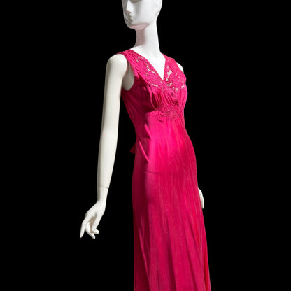 PEONY vintage 1950s Silk Nightgown Slip Dress: Made in SHANGHAI Embroidered Magenta bias cut gown