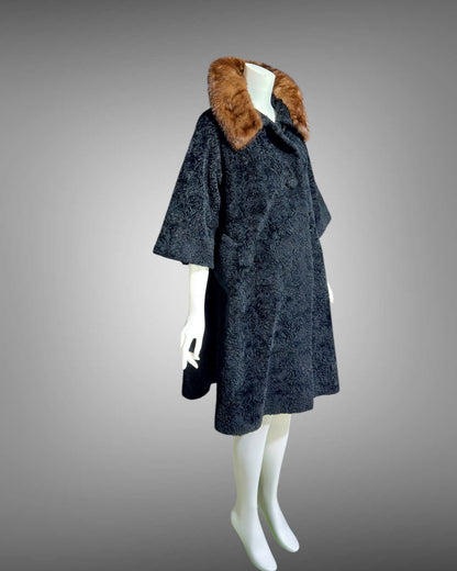LILLI ANN 1950s vintage swing coat, Black boucle evening swing coat with mink collar