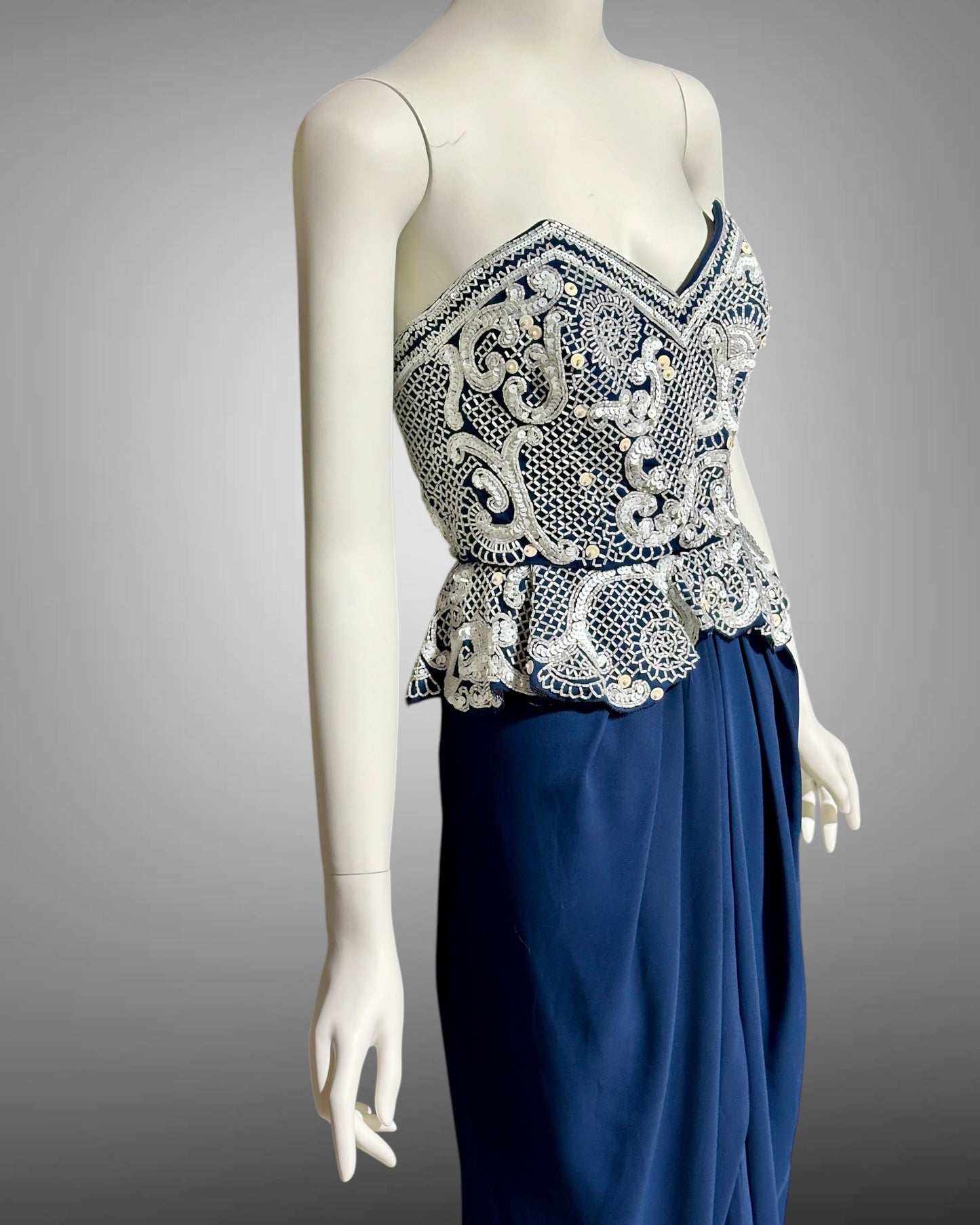 FABRICE SILHOUETTE 1980s vintage evening dress, Navy Blue and white beads and sequins strapless peplum formal gown