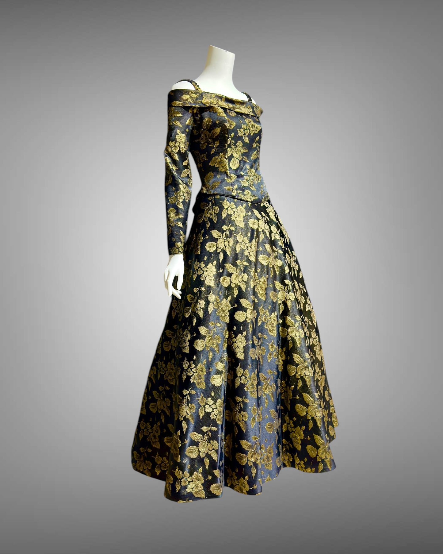 CHRIS KOLE 1980s vintage evening dress, Black and gold damask, long sleeve off the shoulder ball gown