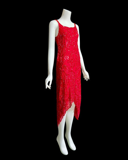 KAYE LOUISE vintage 1990s dress, red 100% silk and sequin beaded cocktail party slip dress