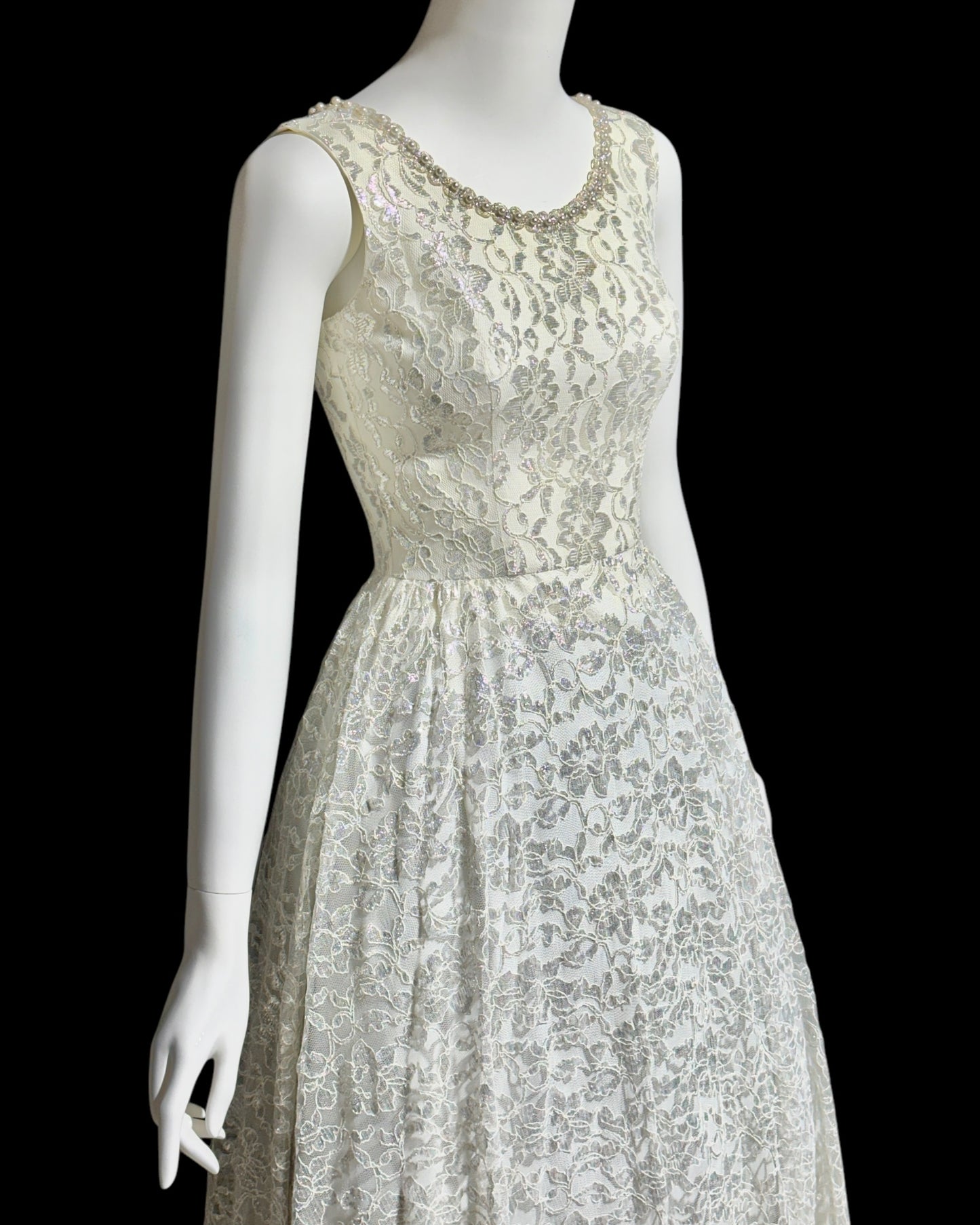 1960s vintage wedding dress, Full length white and silver lace princess evening gown