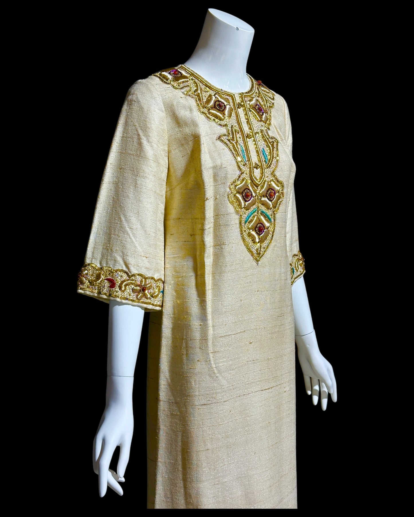 1960s vintage raw silk caftan dress, Custom made zardozi style embroidered Kaftan beaded evening gown