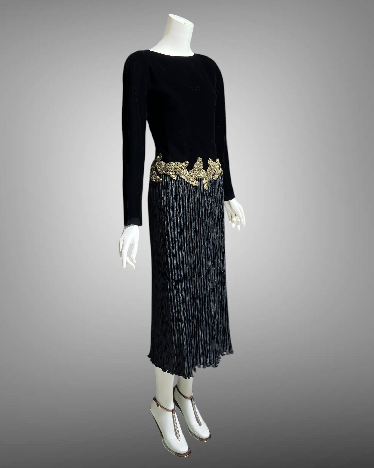 Mary McFadden evening dress, 1980s Black velvet fortuny pleats plisse cocktail party dress, SUITE 101 Beverly Hills