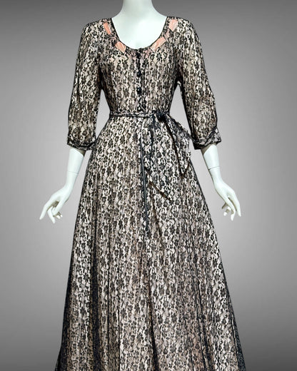 FLOBERT vintage 1940s black lace dressing gown robe, sheer black lace with pink ribbon trim