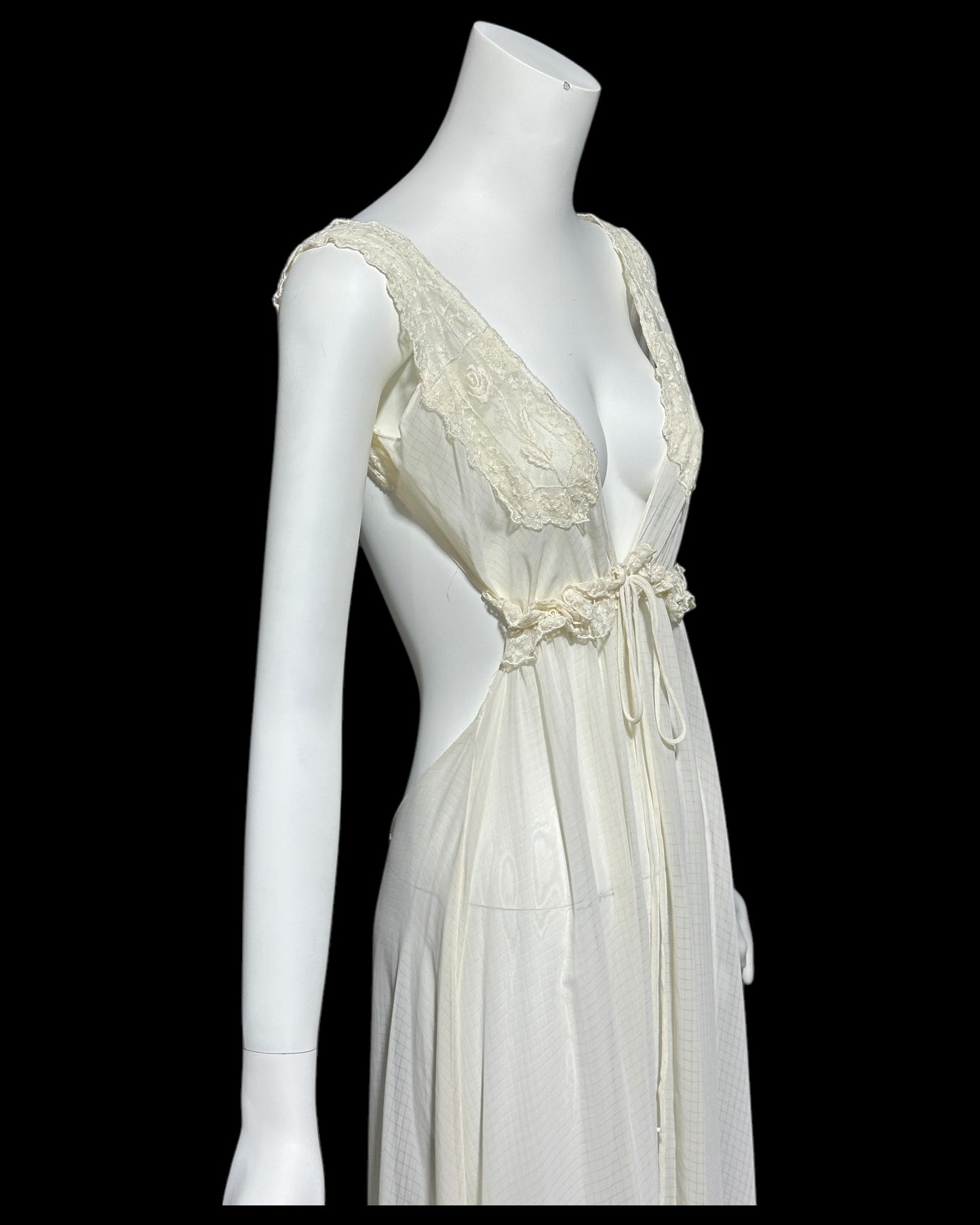 BONNIE STRAUSS vintage nightgown dressing gown set, 1980s completely sheer almond white backless robe and slip dress set