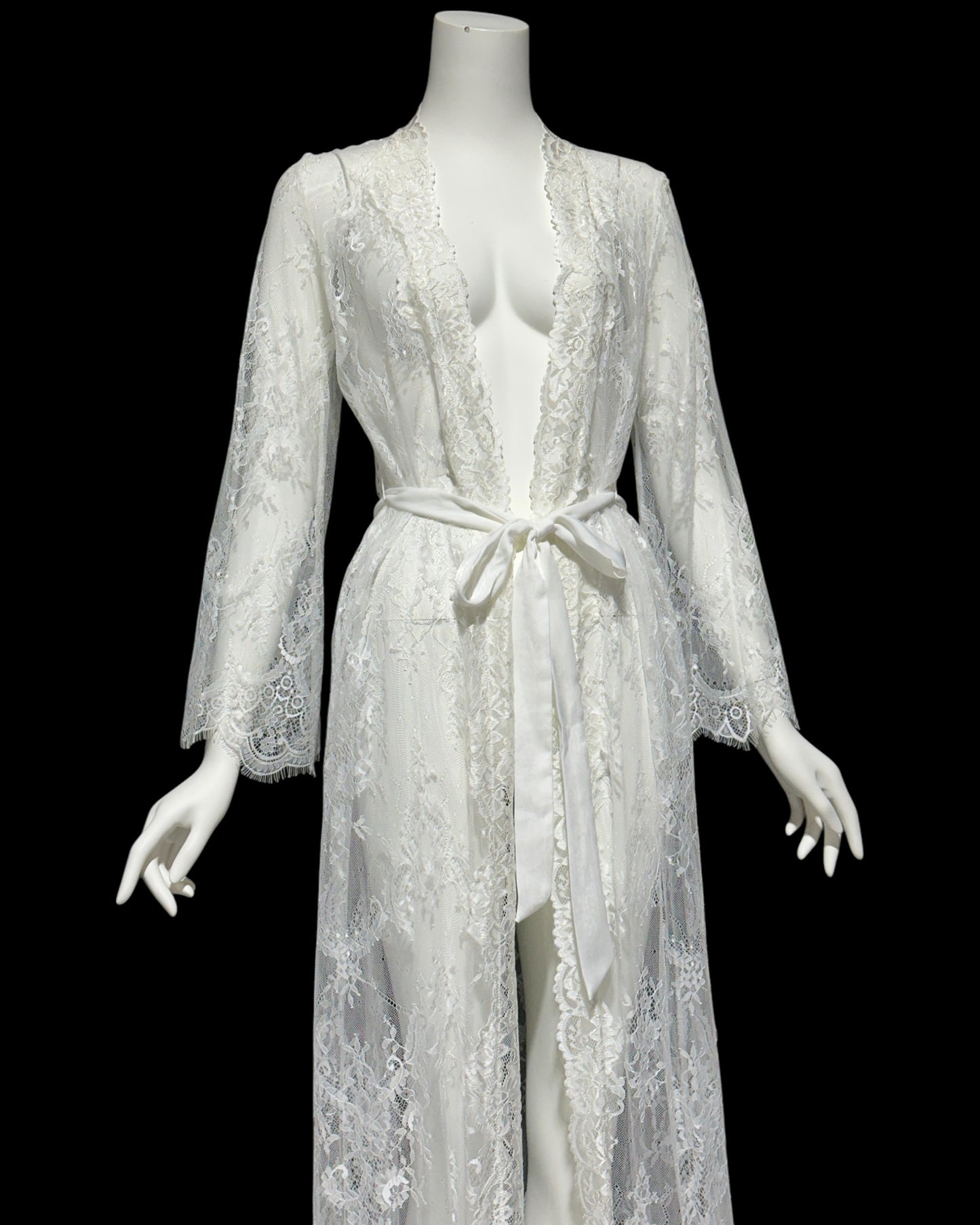 JONQUIL Diane Samandi, 1990s sheer white lace robe, see through feather weight white wrap dressing gown