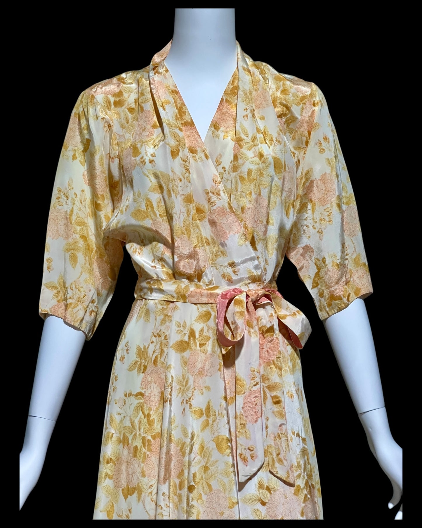 EVELYN PEARSON, vintage 1940s dressing gown robe, gold and pink floral wrap housecoat