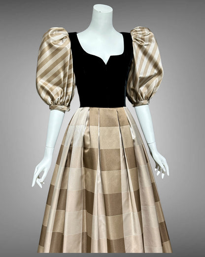 ANDRE LAUG vintage evening ball gown, 1970s Silk formal dress, black velvet brown mocha puffed sleeves