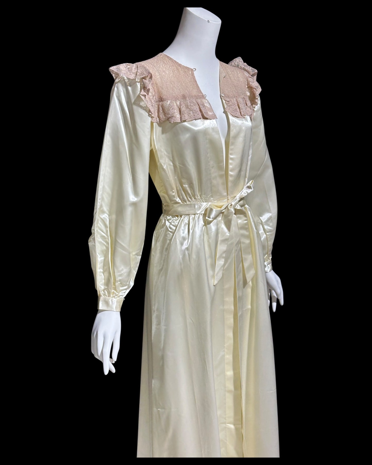 1930s vintage satin dressing gown robe, shiny candlelight and pink lace peignoir housecoat